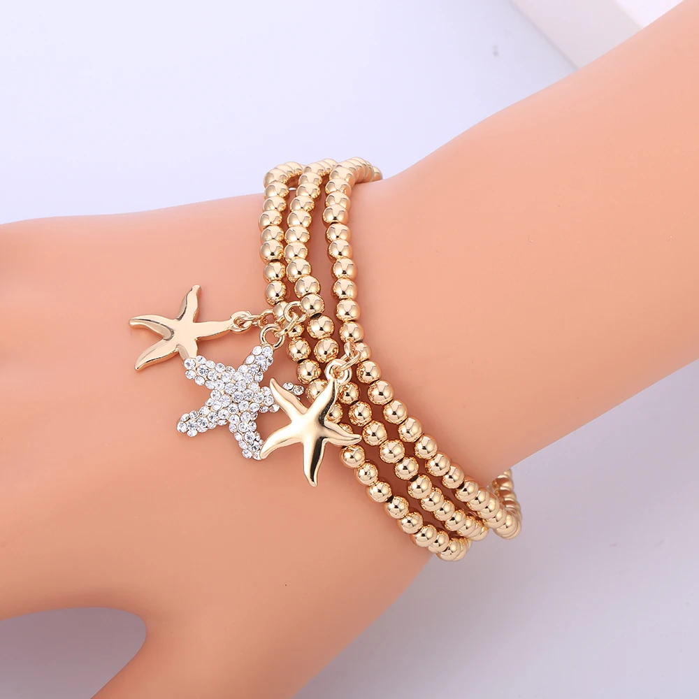 

Starfish Crystal Charms Bracelets Elastic Rope Animal Charm Multi-layer Chains Trendy Bracelets For Women Valentines Day Gift