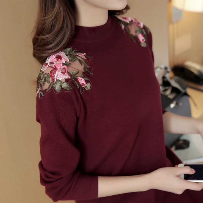 2018 Peony Flower Embroidery Patch Women Sweater And Pullovers O-Neck Women Sweater Dress Pull Femme Women Long Pullovers