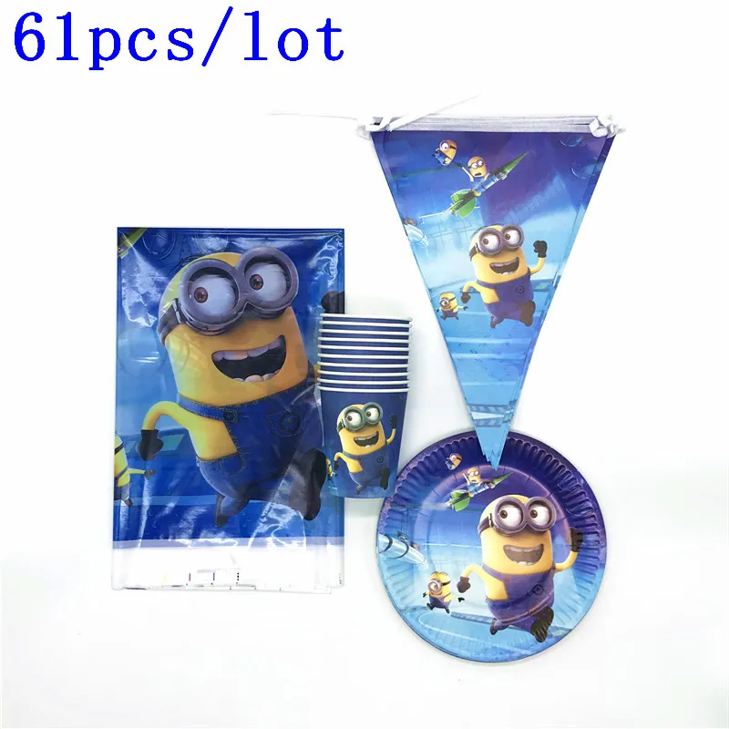 

Cartoon Minions Theme 61pcs/lot Family Party Birthday Party Cup+Plate+Flag+Tablecloth Christmas Hanging Banner Decoration Supply