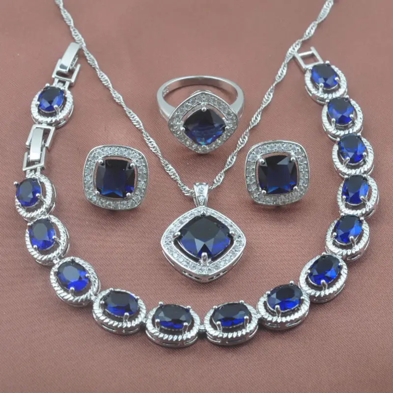 

Square Design Blue Zirconia Women's 925 Sterling Silver Crystal Jewelry Sets Bracelet Necklace Pendant Earrings Ring YZ0126