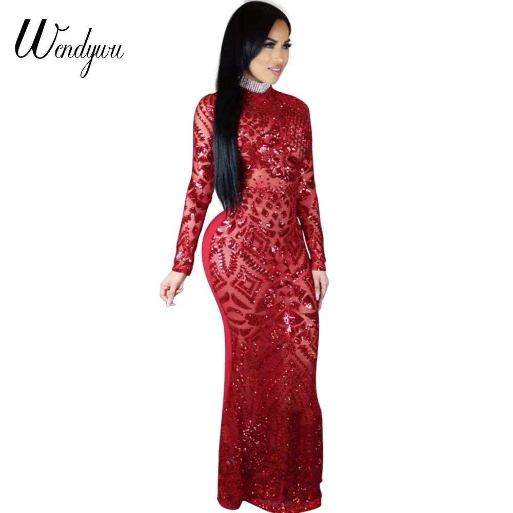 Wendywu специальный дизайн сетки лоскутное блестящий длинный рукав Красное длинное платье в стиле "Русалка"