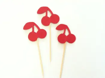 

RED cherry Cupcake toppers birthday Party appetizer picks bridal baby shower rustic wedding toothpicks decor