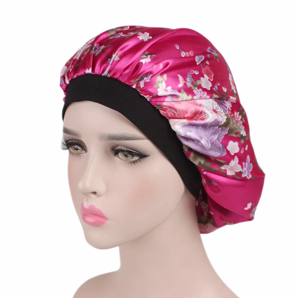 Satin Hair Bonnet Night Sleep Cap For Women Shower Caps Elastic Band Silk Head Cover Long Hair Care 58cm