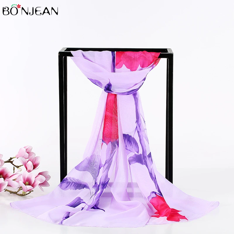 

BONJEAN Fashion Women Scarves Printing Soft Long Wrap Scarf Chiffon Peony Print Retro Nation Hair Scarf Chiffon Shawl Scarves
