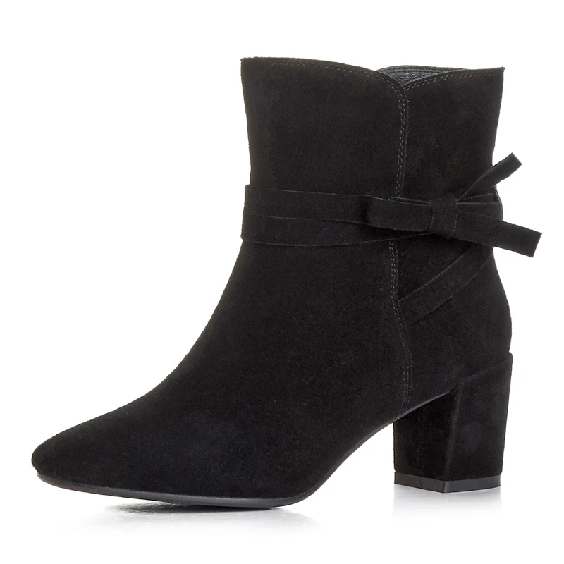 British style Genuine Leather women boots fashion Square heel high quality Cow Split leather Winter Ankle
