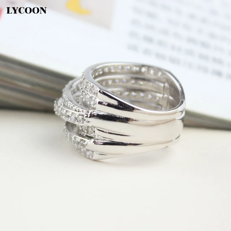 LYCOON newest elegant strip style irregular wedding rings silver plated prong setting Cubic Zirconia luxury party ring for women