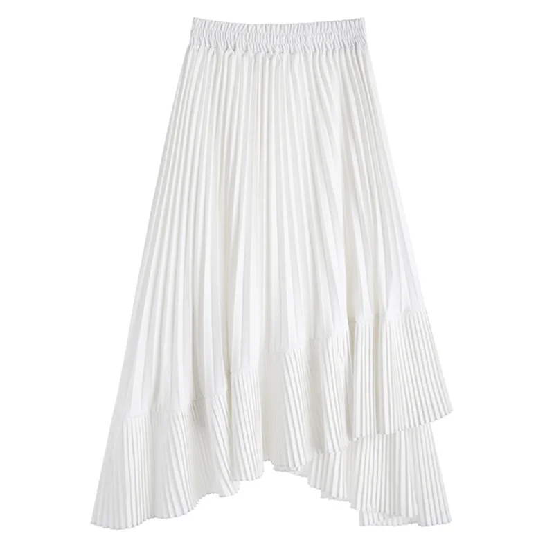 

Qooth Elegant Chiffon Pleated Skirts For Women Summer High Waist Asymmetrical Long Skirt Fashion Saia Irregular Faldas QH1819