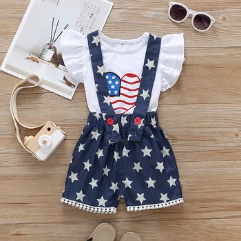 

2019 Summer Baby Girls The Star and Stripes Printed short sleeved tshirts + pants 2PC Clothes Set Children outfits