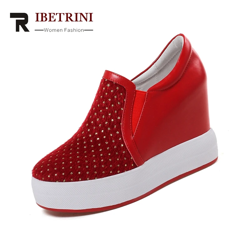 

RIBETRINI 2019 Cow Leather Plus Size 32-40 Super High Heels Women Shoes Woman Red Black Elastic Band Pumps Woman Footwear