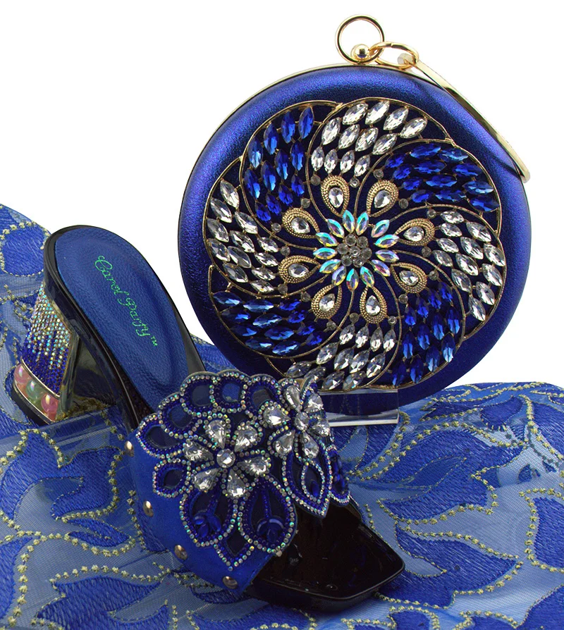 

Nigeria Wedding Shoes And Bag To Match Stones African Shoe And Bag PU Leather Royal Blue Summer 7.5CM pumps party shoes with bag