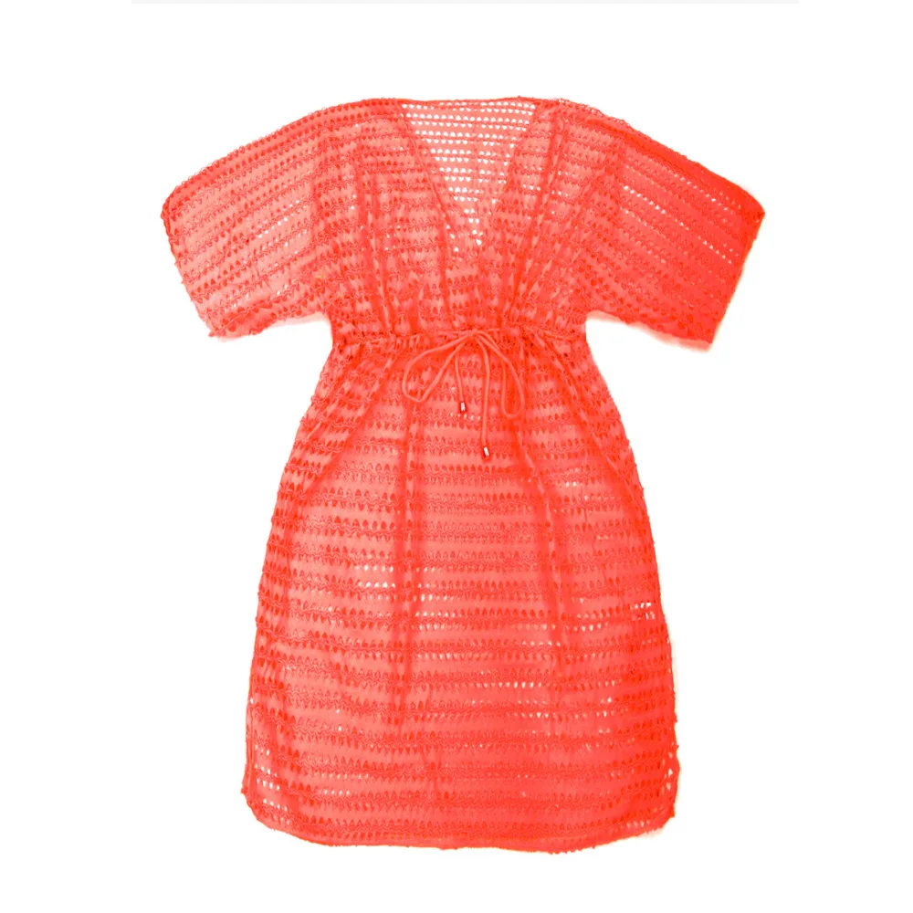 

Colloyes Women Cover Up Swimsuit Crochet Beachwear Mesh Summer Beach Kaftan Dress Deep V Neck Bright Color Orange Yellow & Green