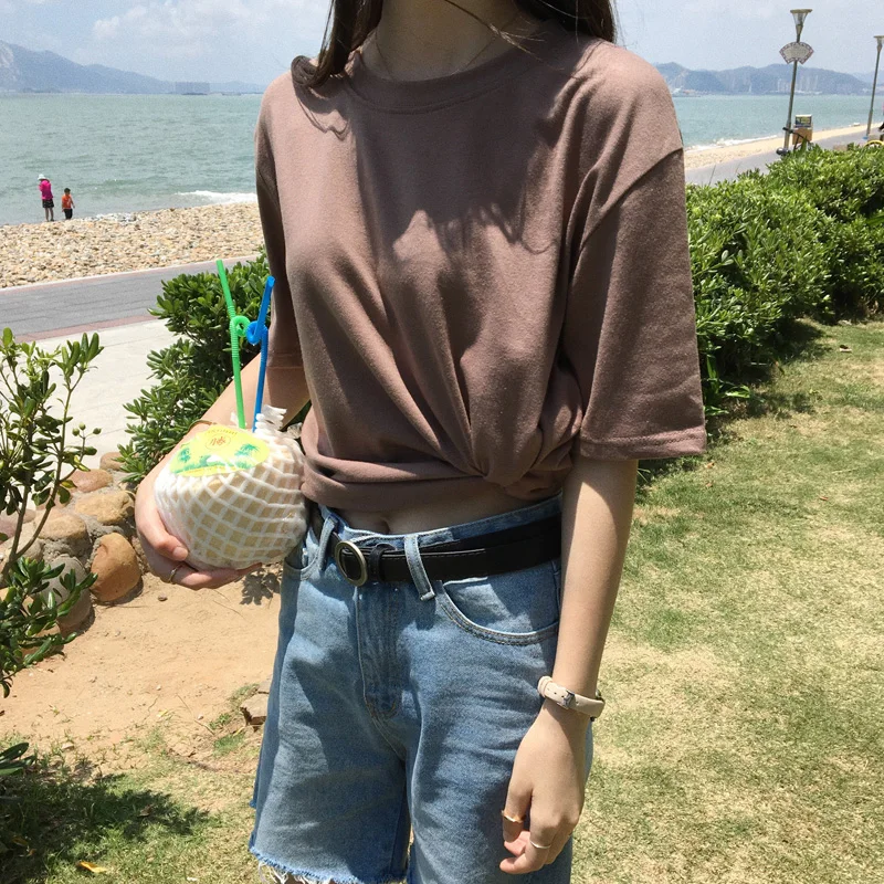 15 ألوان S-XL 2018 الصيف الصلبة اللون فضفاض س الرقبة تي شيرت المرأة اقتصاص قمم قمزة قميص فام (B1971)