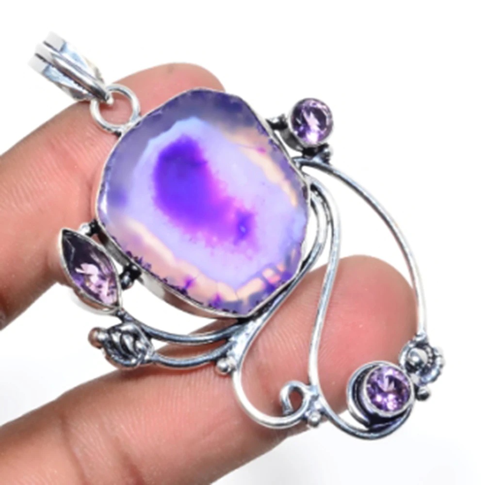 

Solar Agates,Amethysts Pendant Silver Overlay over Copper, 70 mm , P5317