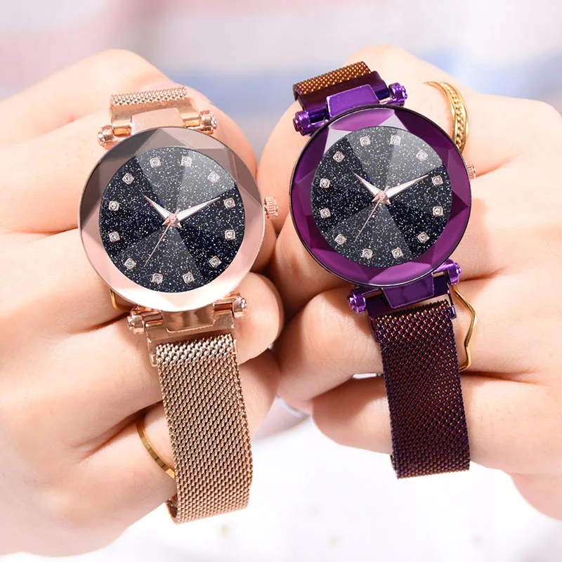 1 Pcs Women Quartz Watch Starry Sky Dial Masonry with Alloy Mesh Band TT@88