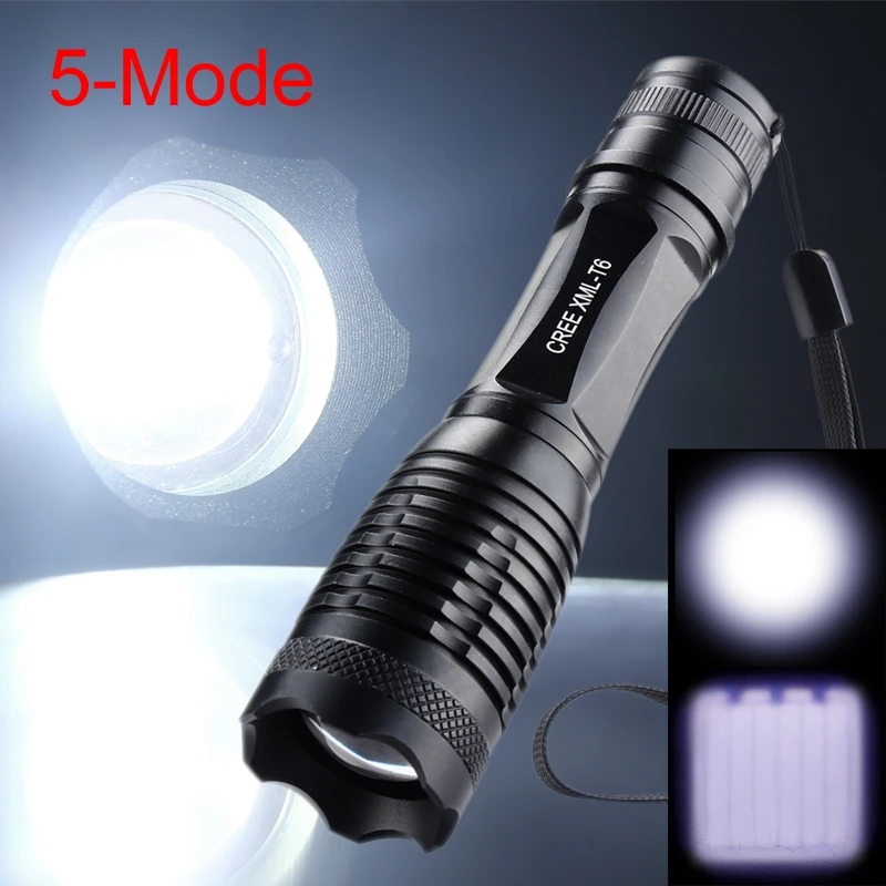 NEW 100% Authentic 3800 Lumens 5-Mode CREE XM-L T6 LED Flashlight Zoomable Focus Torch for 18650 Rechargeable or AAA Battery