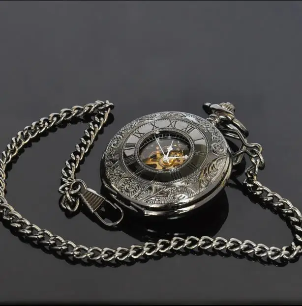 

NEW Mechanical pocket watch men Black antique Hollow Good quality high-grade fob chain gift