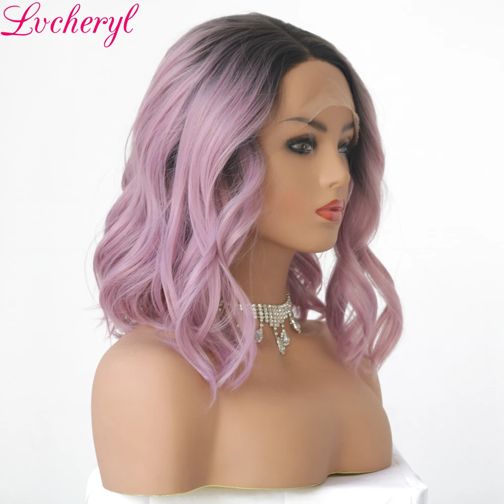 Lvcheryl Ombre коричневые корни Смешанные фиолетовый ручной связали короткие естественные волны термостойкие волосы синтетические на