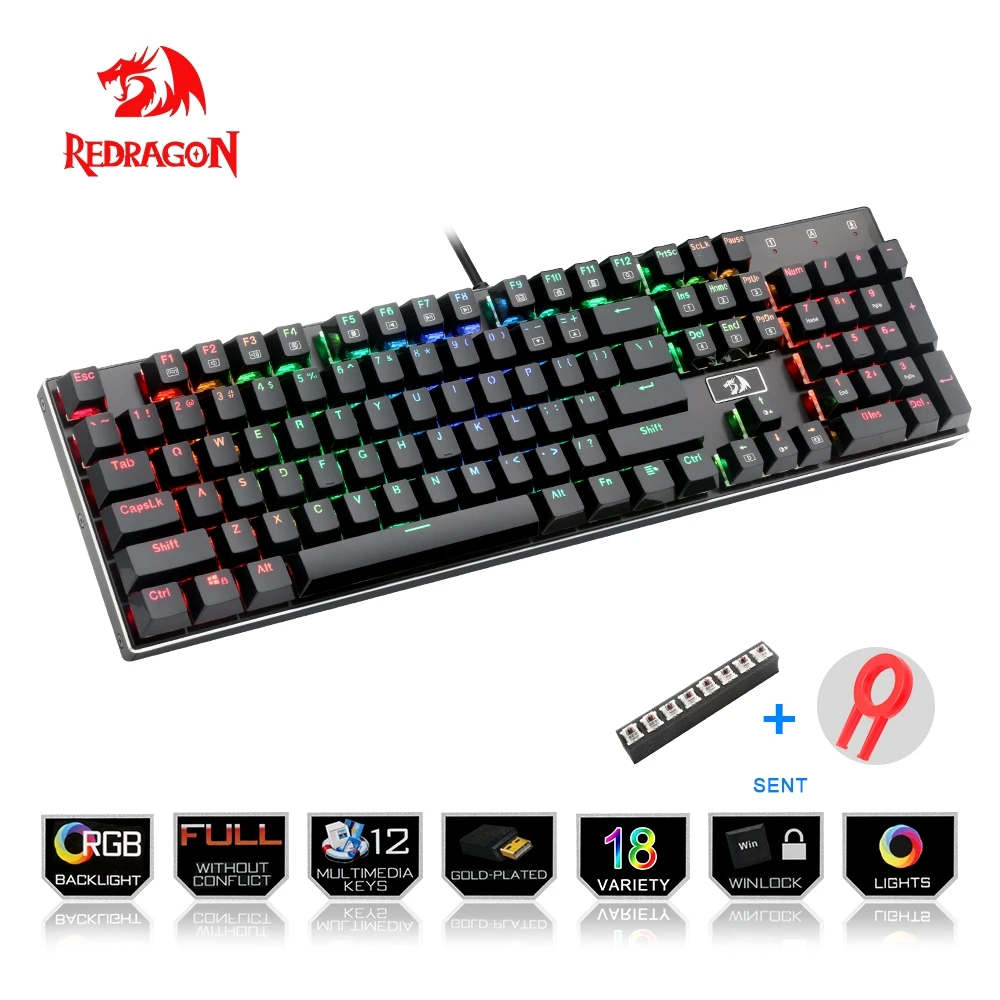

Redragon K556 RGB Aluminum USB mechanical keyboard gaming ergonomic LED backlit 104 key anti-ghosting 104 wired Computer PC game
