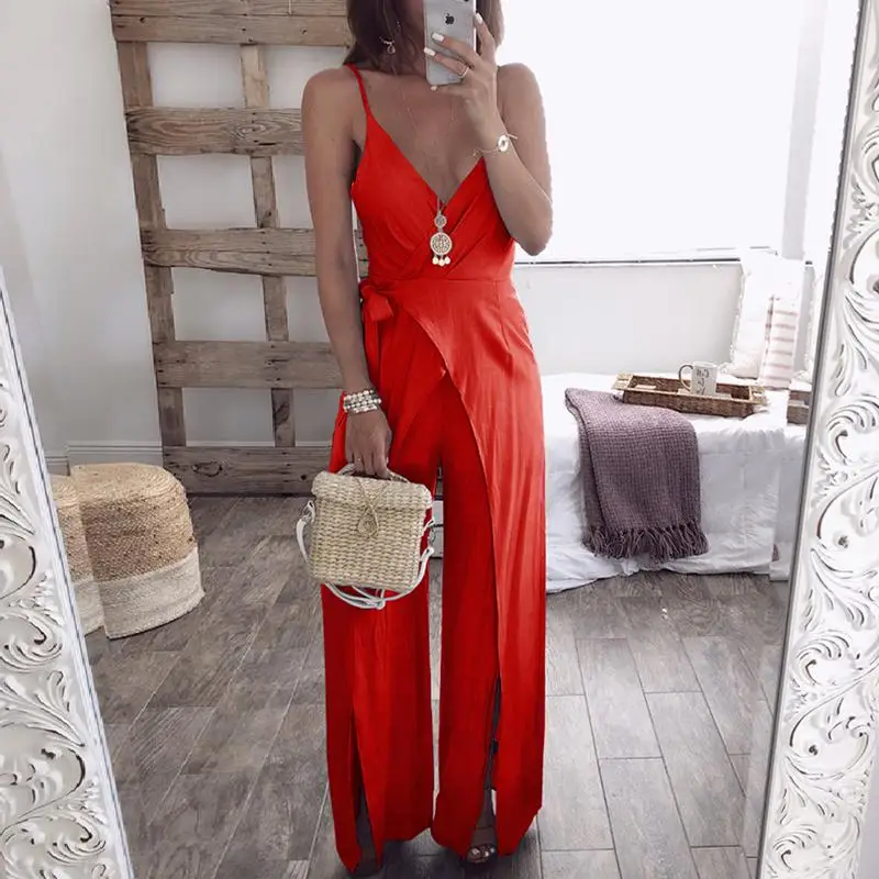 spaghetti strap wrap wide leg jumpsuit pants Sexy v neck
