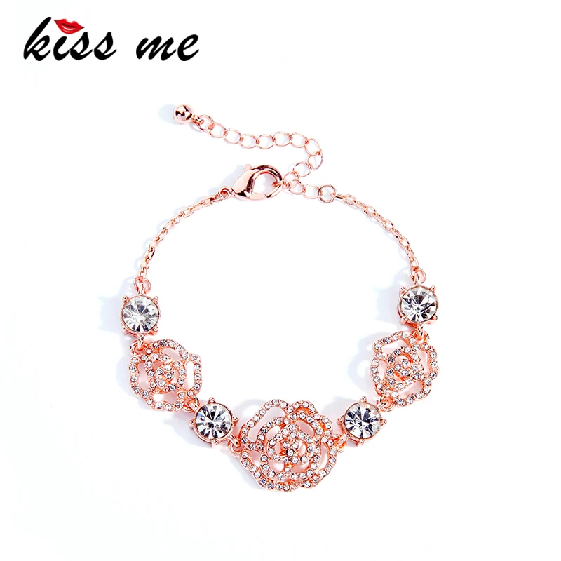 

KISS ME Exquisite Rose Gold Color Crystal Flower Bracelet Elegant Charming Bracelets for Women Party Jewelry