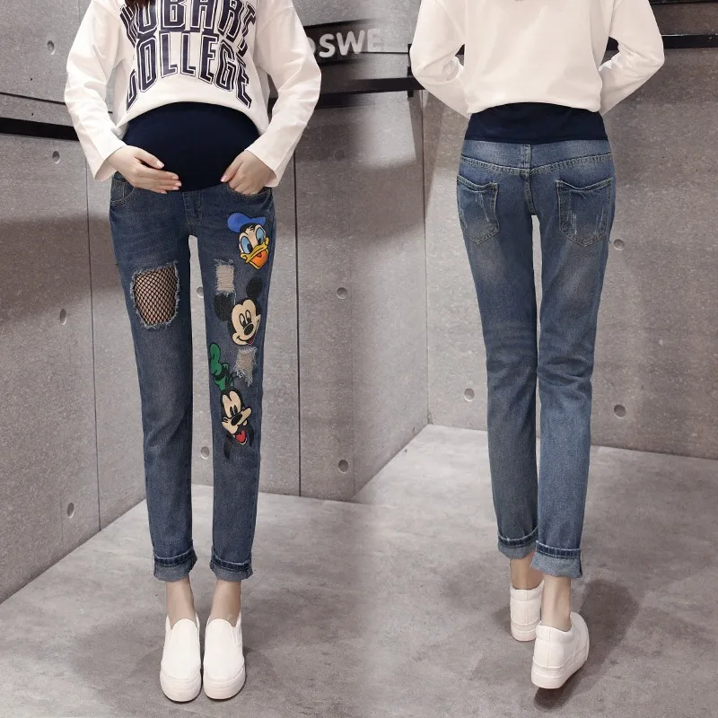 

New pregnant women jeans stretch hole stomach lift Harlan trousers Mickey cartoon print maternity dress