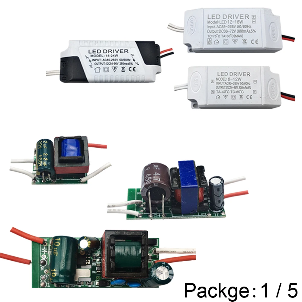 

1/5pcs 1W-36W LED Driver Adapter 300mA AC-DC Transformer Constant Current 85-265V Power Supply Bare Board for LED lamp