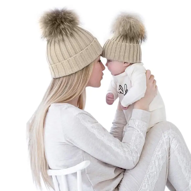 

2 PCS Winter Hats for Kids Mom Baby Kid Warm Raccoon Fur Beanie Cotton Knitted Parent-child Pom pom Baby Winter Hat Pompom Cap
