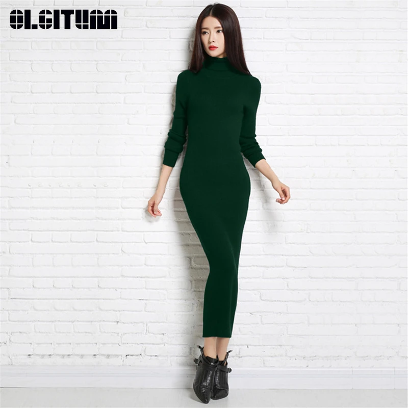 Vestido largo de lana cuello alto para mujer, prenda ajustada de manga larga, de Color liso, Color negro, gris y rojo, otoño e invierno, novedad - AliExpress