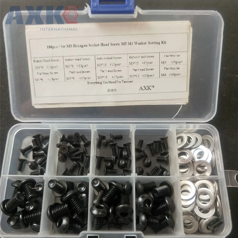 

AXK 180pcs/set M3 Hex Socket Button Head Screws Flat M3 M4 Washers Assortment Kit Fastener Hardware with Box ZC013