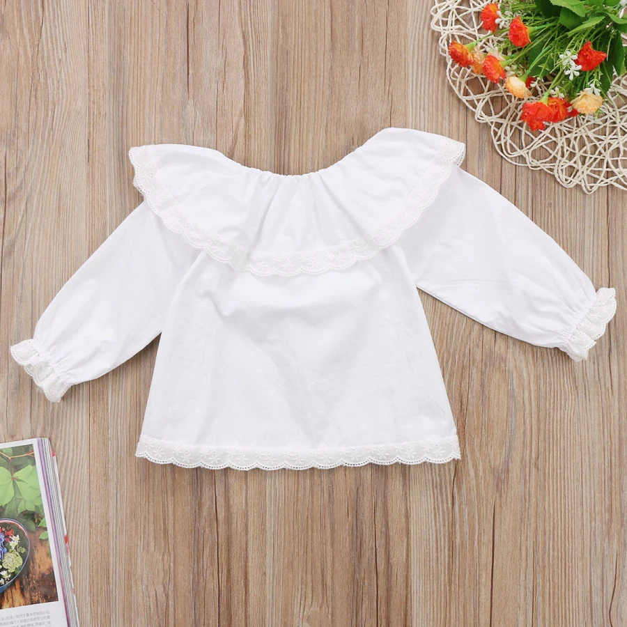 Новая однотонная белая Милая рубашка для новорожденных девочек от 0 до 24 месяцев кружевные топы с длинными рукавами, футболки, одежда