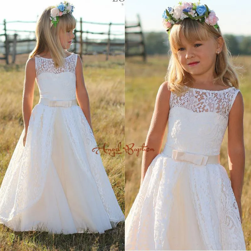 2016 White/Ivory Lace Flower Girl Dress for wedding Floor Length  kids evening gowns first communion dresses for girls