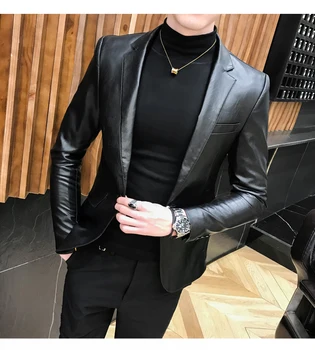 

New 2019 Spring Zipper Faux Leather Jackets Men Clothing Turn Down Collar Imitation Two Styles