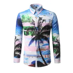 Модные 3D Palm Футболка с принтом 2018 Для мужчин с длинными рукавами Camisa Masculina Chemise Homme Повседневное Slim Fit Для мужчин s гавайская рубашка