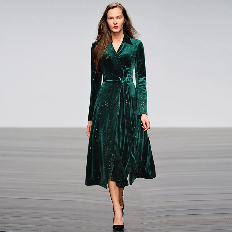 

HIGH QUALITY New Fashion 2019 Fall Winter Designer Runway Dress Women's Long Sleeve Star Glitter Wrap Velvet Dress