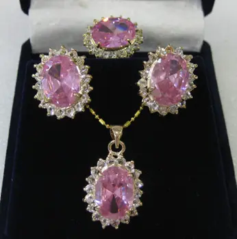 

FREE SHIPPINGJewelry pink crystal pendant necklace ring earring sets +free Chain (A0425)