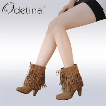 

Odetina 2018 New Spring Autumn Faux Suede Fringe Ankle Boots Tassels Slip On High Heel Booties Women Pointed Toe Big Size 34-47