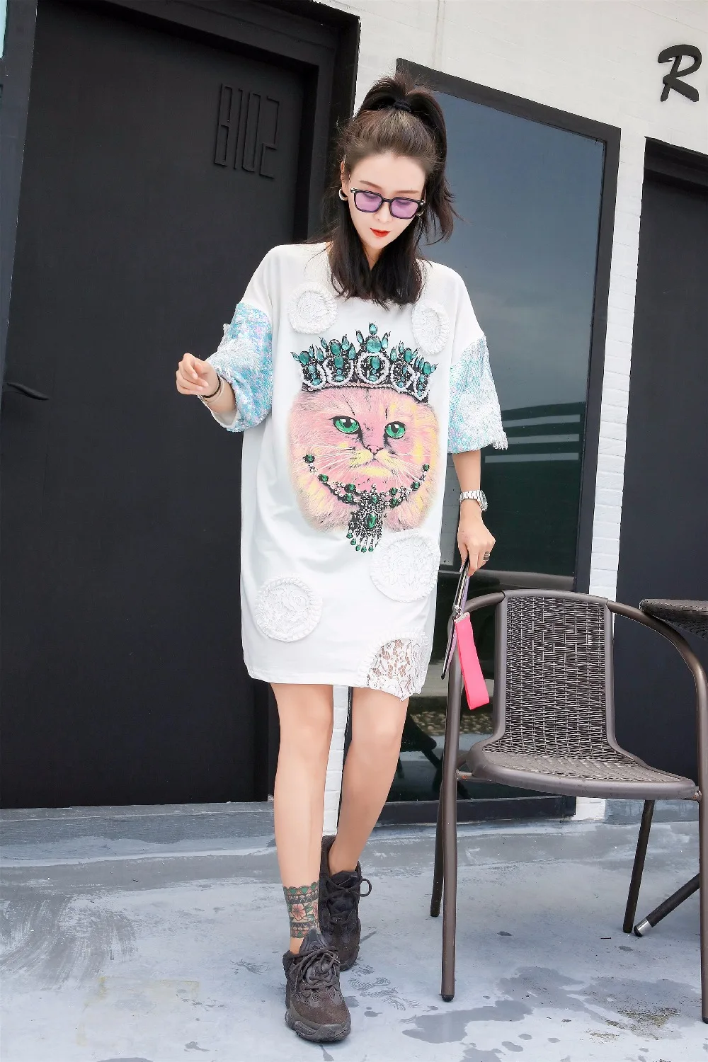 SexeMara fashion The New Loose Sequin Cartoon printing T-shirt free shipping