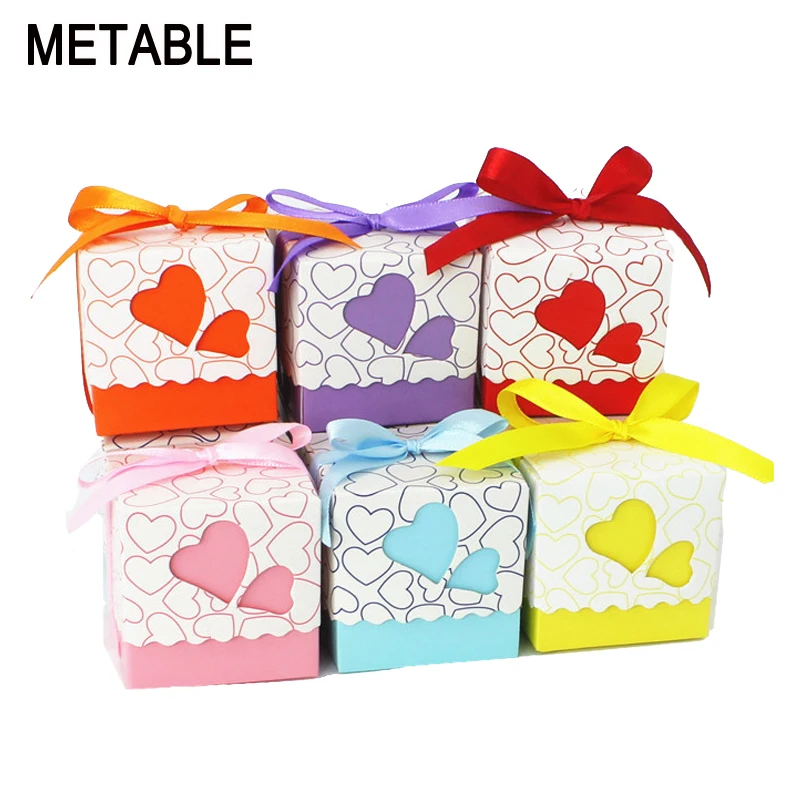 

Metable 100pcs/lot Romantic Double heart Candy Boxes Festival Wedding casamento Xmas Gift Packaging Box 5*5*5cm wc161s