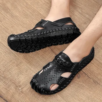 

ARUONET Top Quality Summer Hollow Casual Shoes Summer Genuine Leather Beach Men Sandals outdoor Men Sneakers Plus Size 38-48
