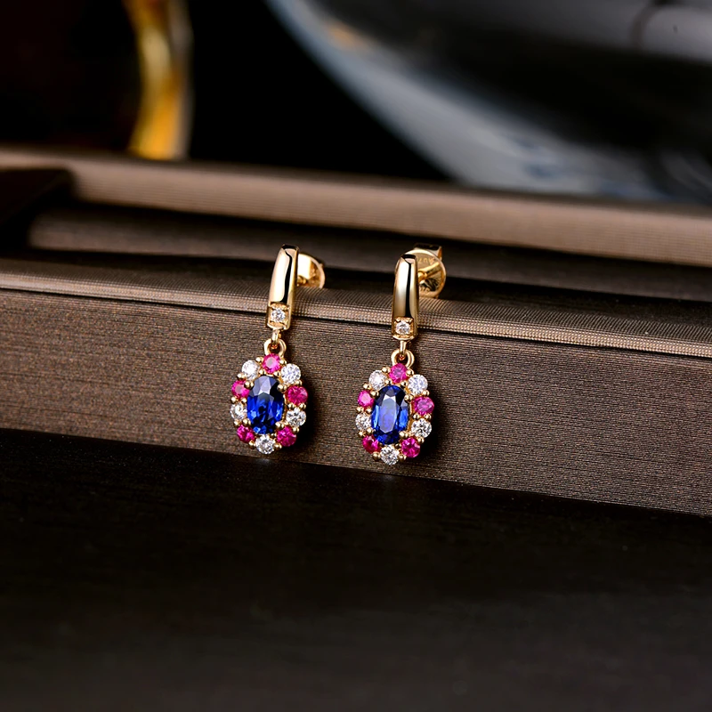 Caimao 0.69ct Blue Sapphire Earrings with Round Diamond Ruby 14k Yellow Gold Exquisite Dangle