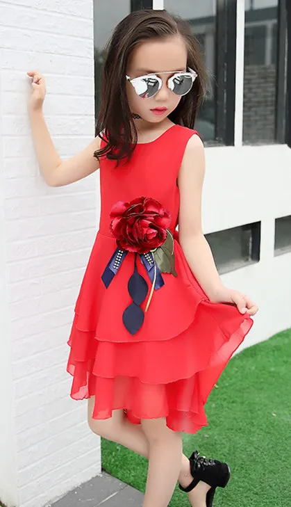 Розничная, Новое Стильное летнее шифоновое платье с цветочным принтом для девочек на свадьбу, праздничное платье с большим корсажем для девочек 5, 7, 9, 11, 13 лет - Цвет: Красный