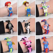 Figuras de acción de personajes de Disney, Toy Story 4, Marvel, Buzz Lightyear, pulsera de bloques de construcción, Woody, pulsera de Spiderman, Chico, juguetes de regalo