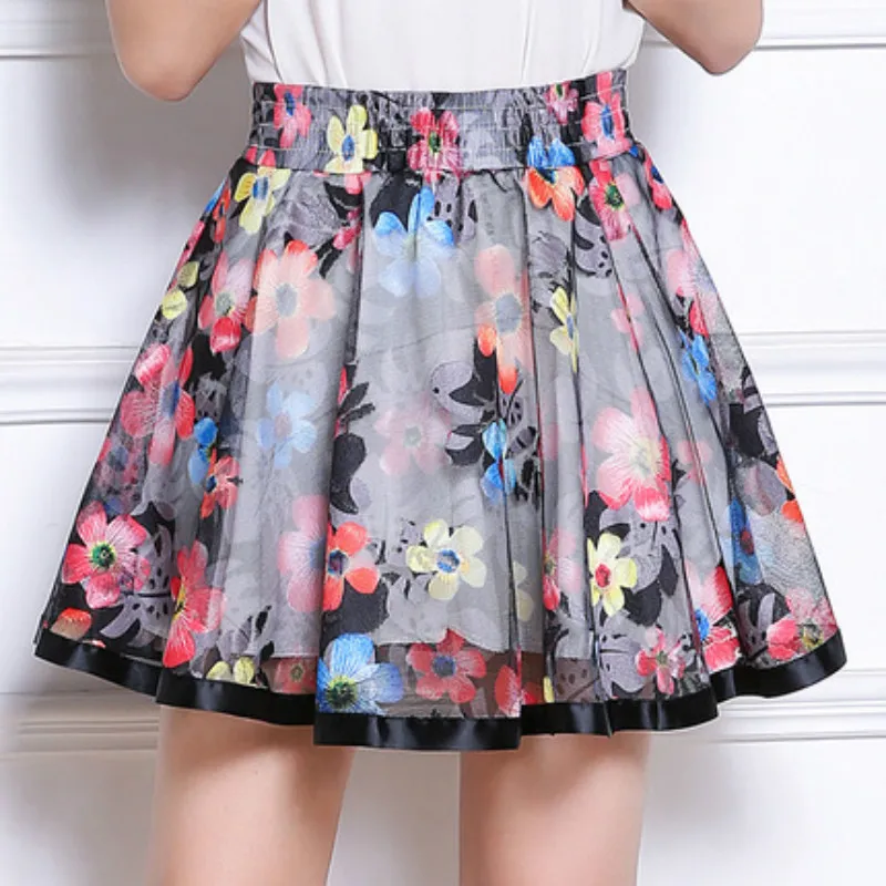 Midi Tulle women Skirt korean style women chiffon flower printed short