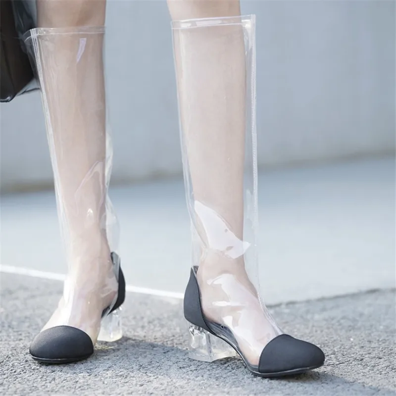 Pluie Transparent White black Cheville Femme Sexy Genou Pour Bottes Pvc Sandales Femmes Short Long Haute Chaussures De Moyen black Talons Short 2018 Long D'été white pHrTpn