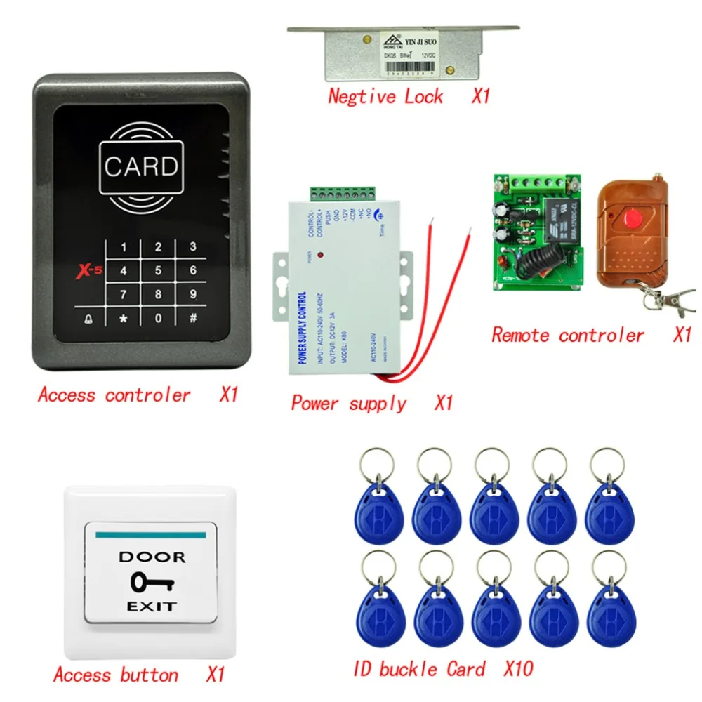 

DIY RFID Access Control System Entrance Guard Kit+ Strike Lock+ Remote Control+ keyfobs+ 10 Cards + Access Button