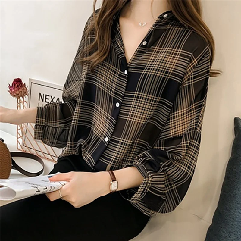 2019 Autumn Batwing Sleeve Chiffon Blouses Chic Plaid