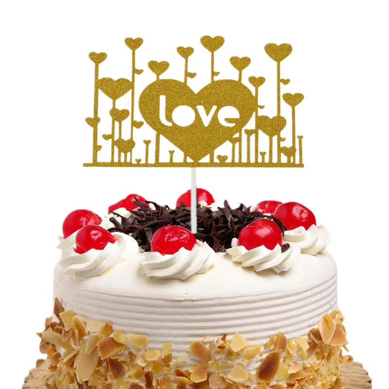 Cake Toppers Flags Kids Happy Birthday Glitter Love Heart Flamingo Cupcake Topper Wedding Bride Party Baby Shower Baking DIY