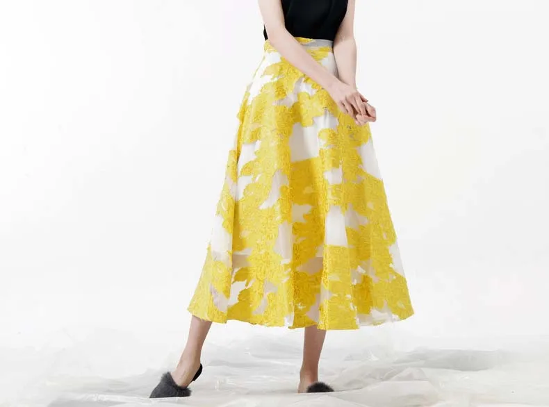 Новое поступление Для женщин юбки макси длинные вышивка сетки лоскутное 50 s Дизайнер Высокое качество женской линии юбки синий желтый