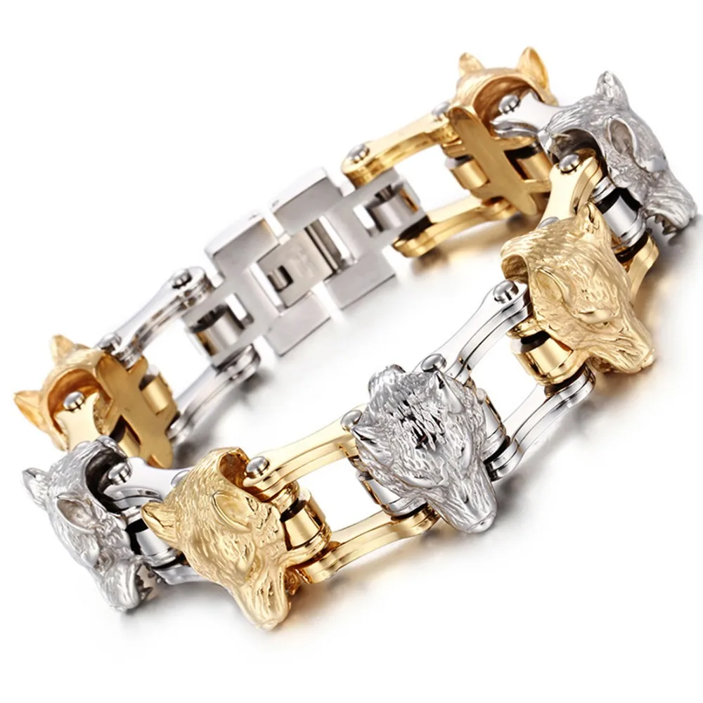 

Punk 316L Stainless Steel Silver Motor Bicycle Chain Gold Wolf Head Mens Biker Jewelry Bracelet Bangle 8.26"*21mm Christmas Gift