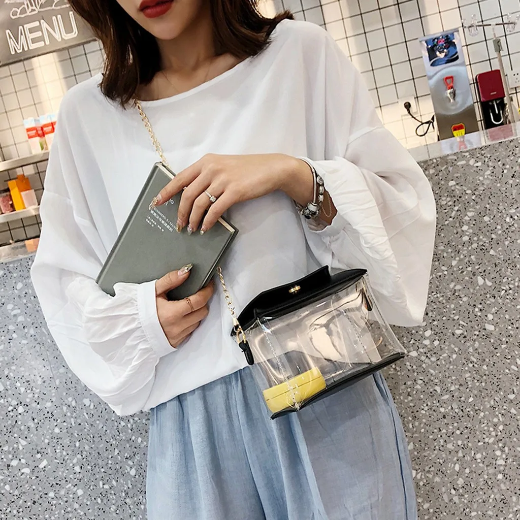

Women Ladies Fashion Solid Transparent Shoulder Tote Handbag Crossbody Messenger Beach Bags 2019 Large Capacity